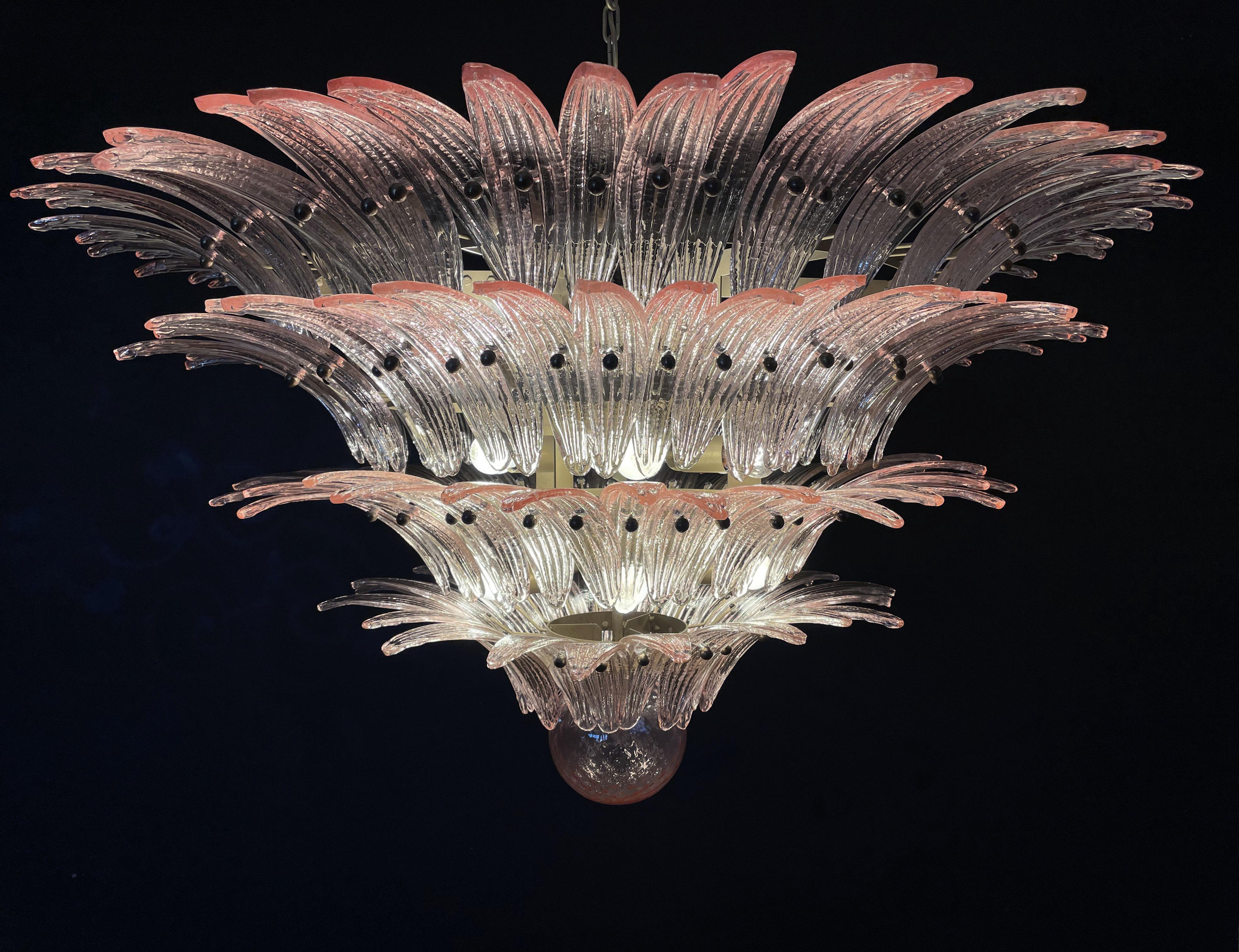 Monumental Pair of Pink Glass Leaf Chandeliers, Murano For Sale 10
