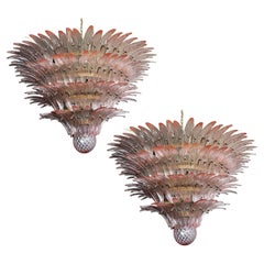 Monumental Pair of Pink Glass Leaf Chandeliers, Murano