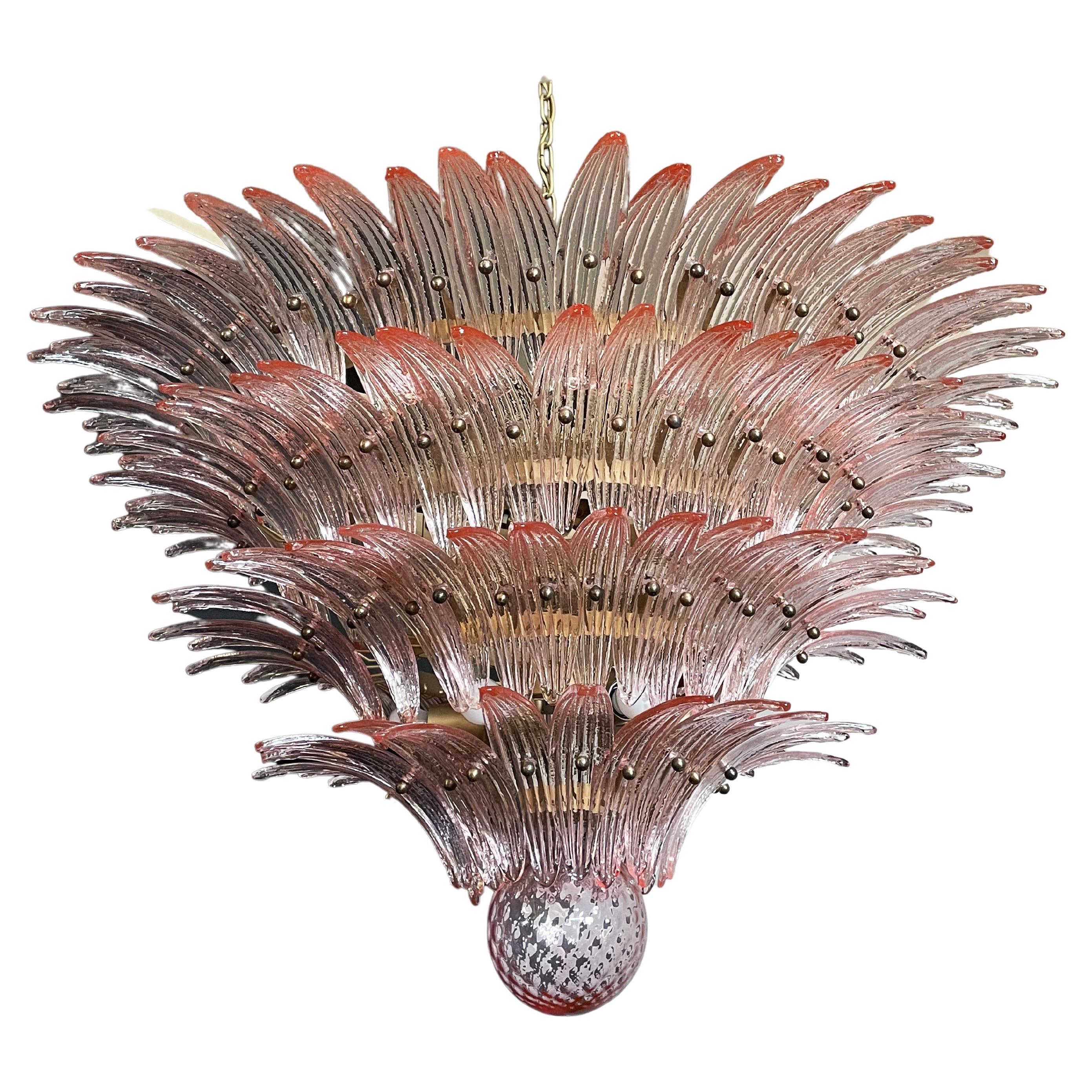 Metal Monumental Pair of Pink Glass Leaf Chandeliers, Murano For Sale