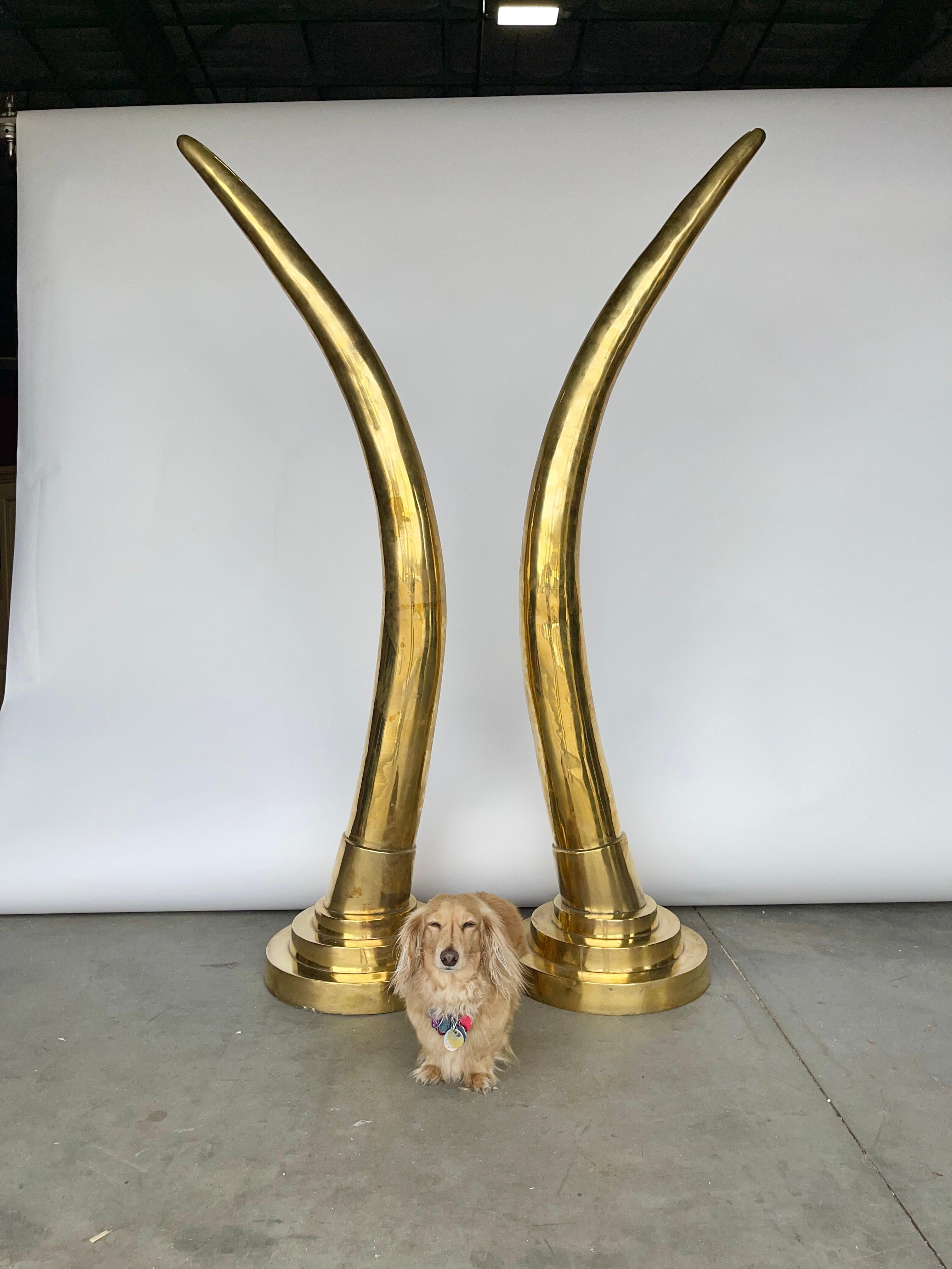 Monumental Pair of Polished Brass Faux Tusks For Sale 7