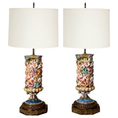 Antique Monumental Pair of Porcelain Capodimonte Table Lamps