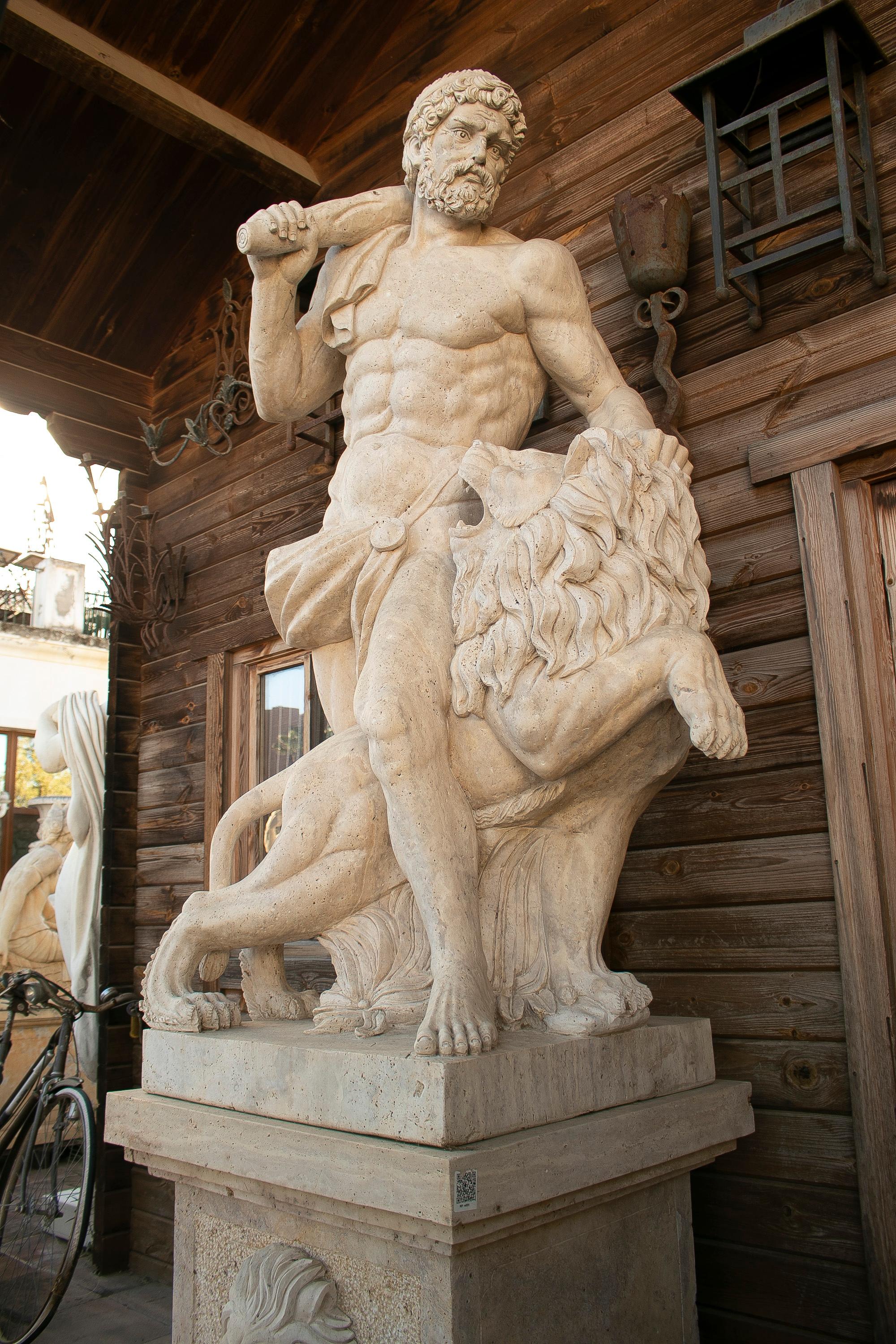 Monumental Pair of Romano Travertine Marble Hercules Tamign the Lion Sculptures 4