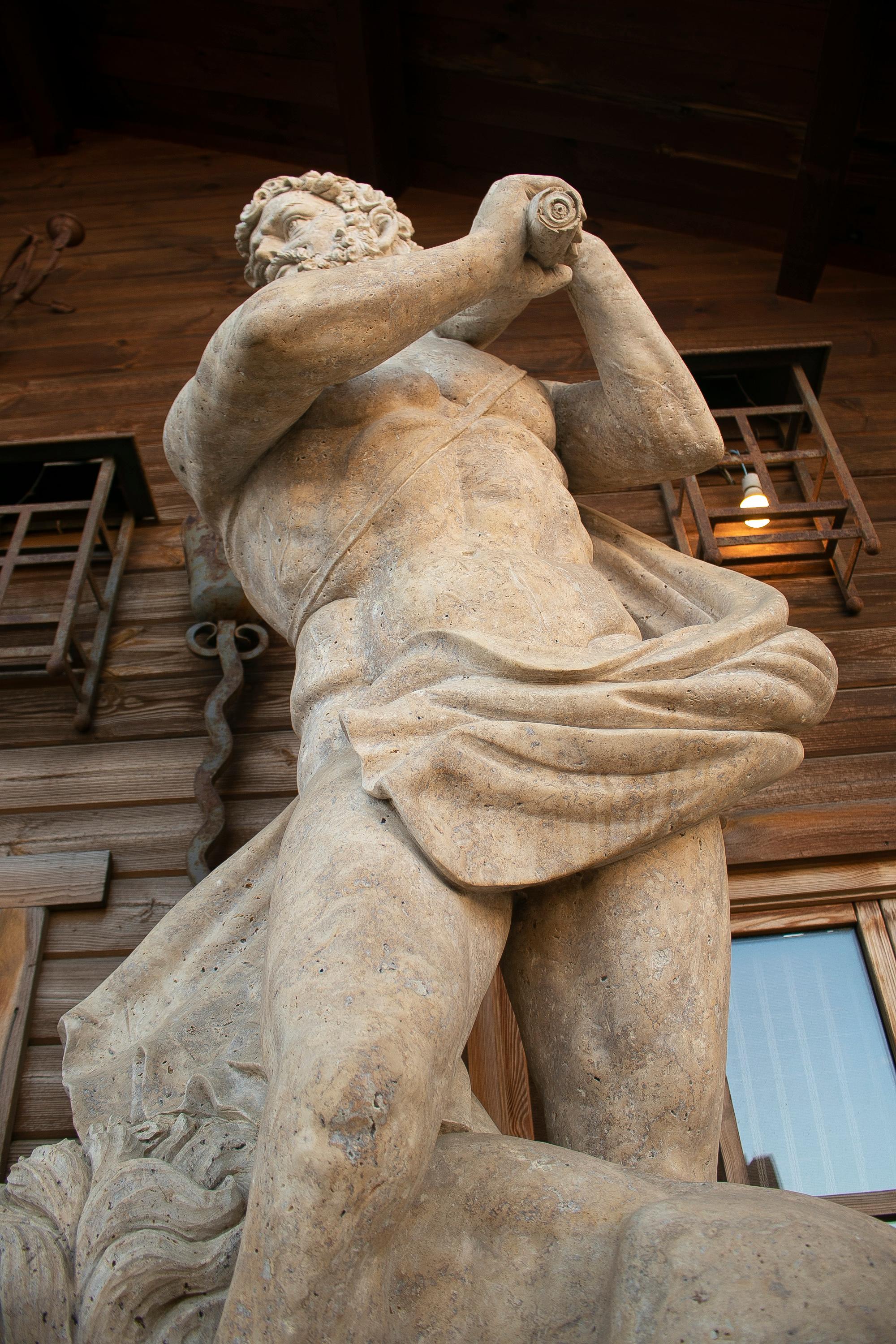 European Monumental Pair of Romano Travertine Marble Hercules Tamign the Lion Sculptures