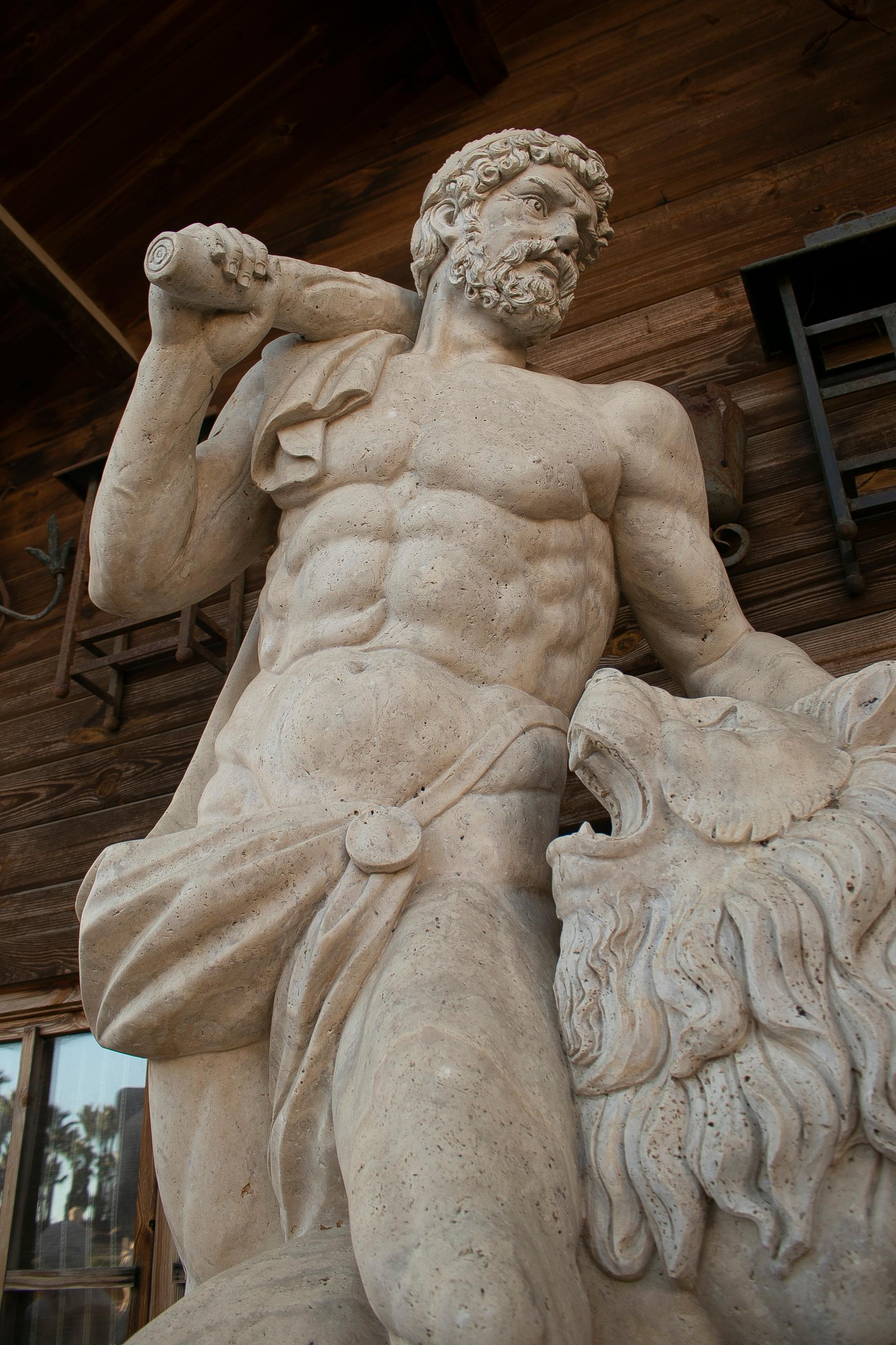 Monumental Pair of Romano Travertine Marble Hercules Tamign the Lion Sculptures In Good Condition In Marbella, ES