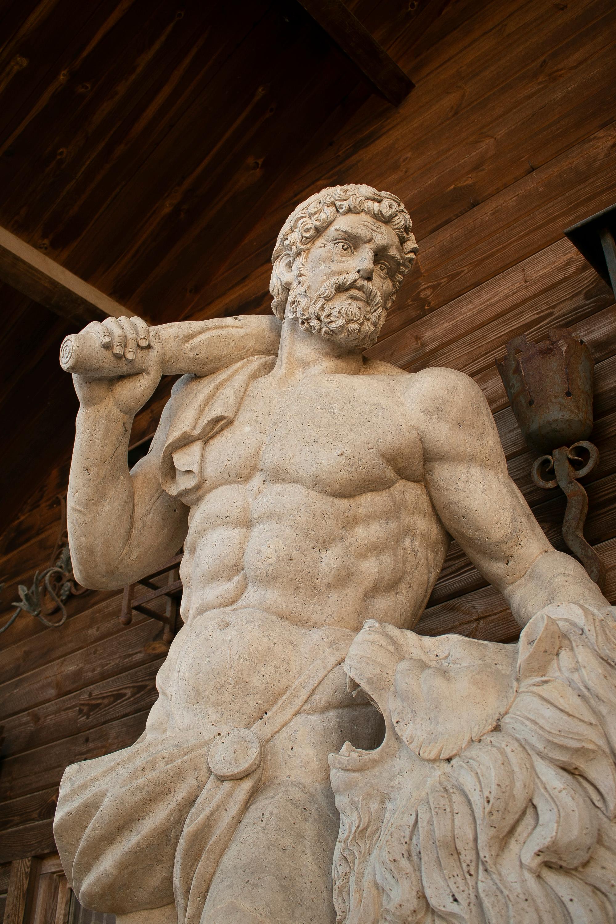 20th Century Monumental Pair of Romano Travertine Marble Hercules Tamign the Lion Sculptures