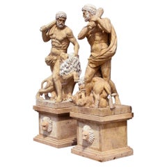 Monumental Pair of Romano Travertine Marble Hercules Tamign the Lion Sculptures