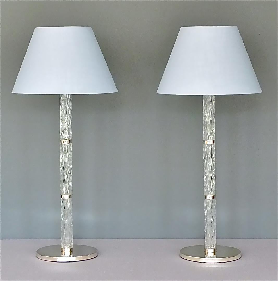 Monumental Pair of Signed Kaiser Table Lamps Crystal Glass Silvered Metal, 1960s For Sale 1