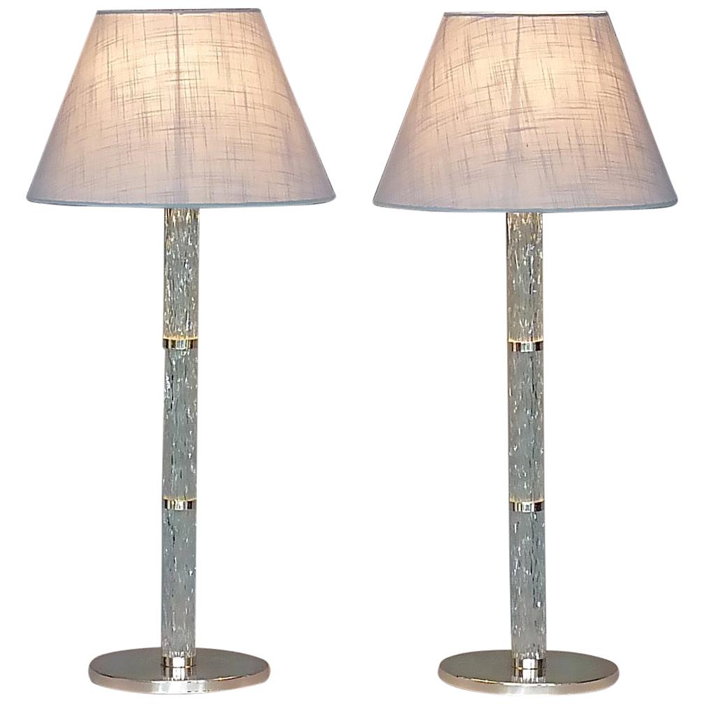 Monumental Pair of Signed Kaiser Table Lamps Crystal Glass Silvered Metal, 1960s