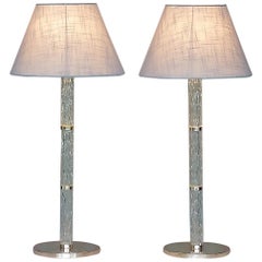 Retro Monumental Pair of Signed Kaiser Table Lamps Crystal Glass Silvered Metal, 1960s