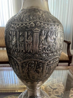 Monumental Pair of Signed Persian Isfahan .84 Silver Figural Vases, 10 Kilograms