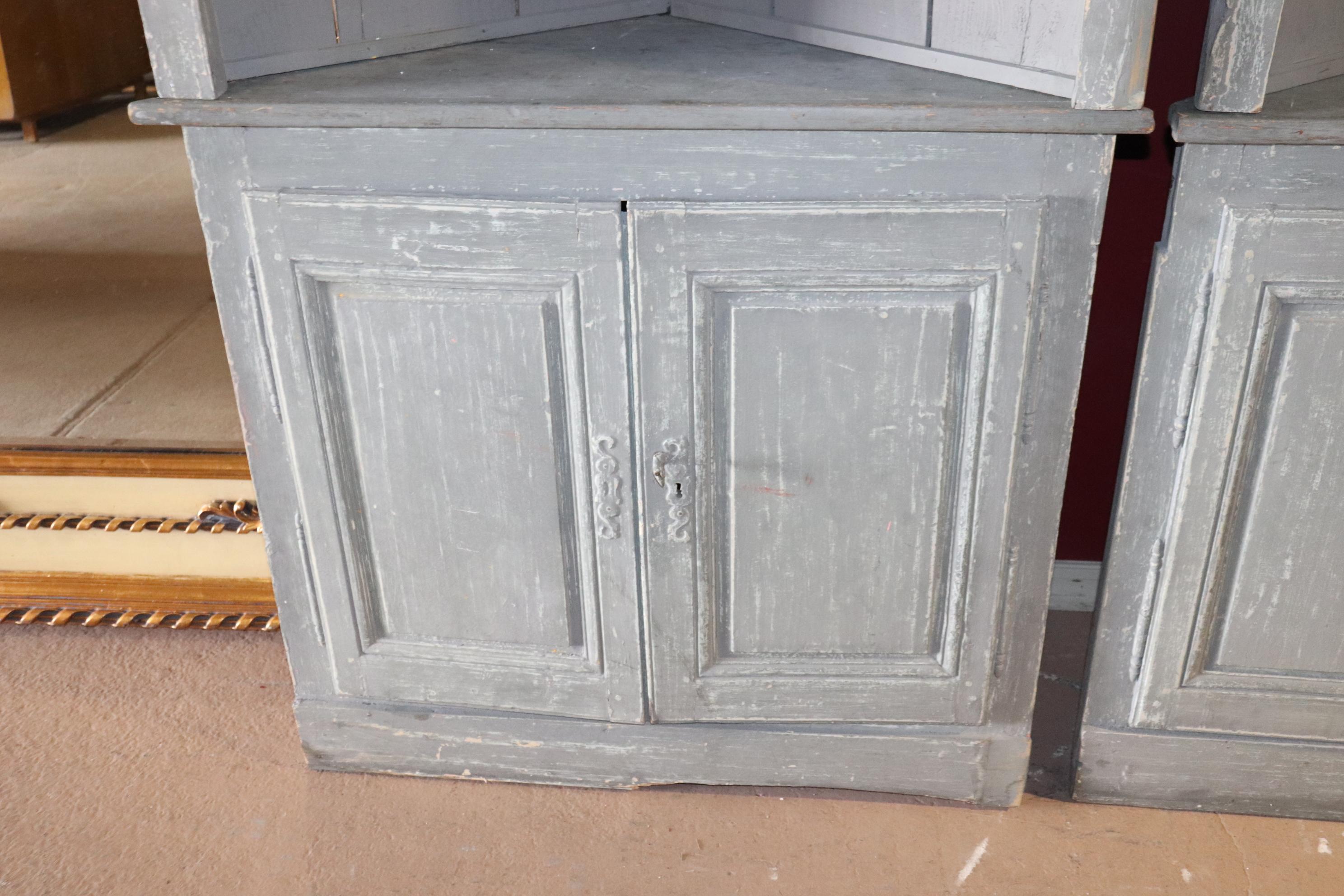 Fruitwood Monumental Pair of Swedish Gustavian Painted Corner Cupboards Cabinets
