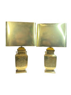 Monumental Pair of Table Lamps Gold Brass Pagoda Style with Shade Vintage, Italy