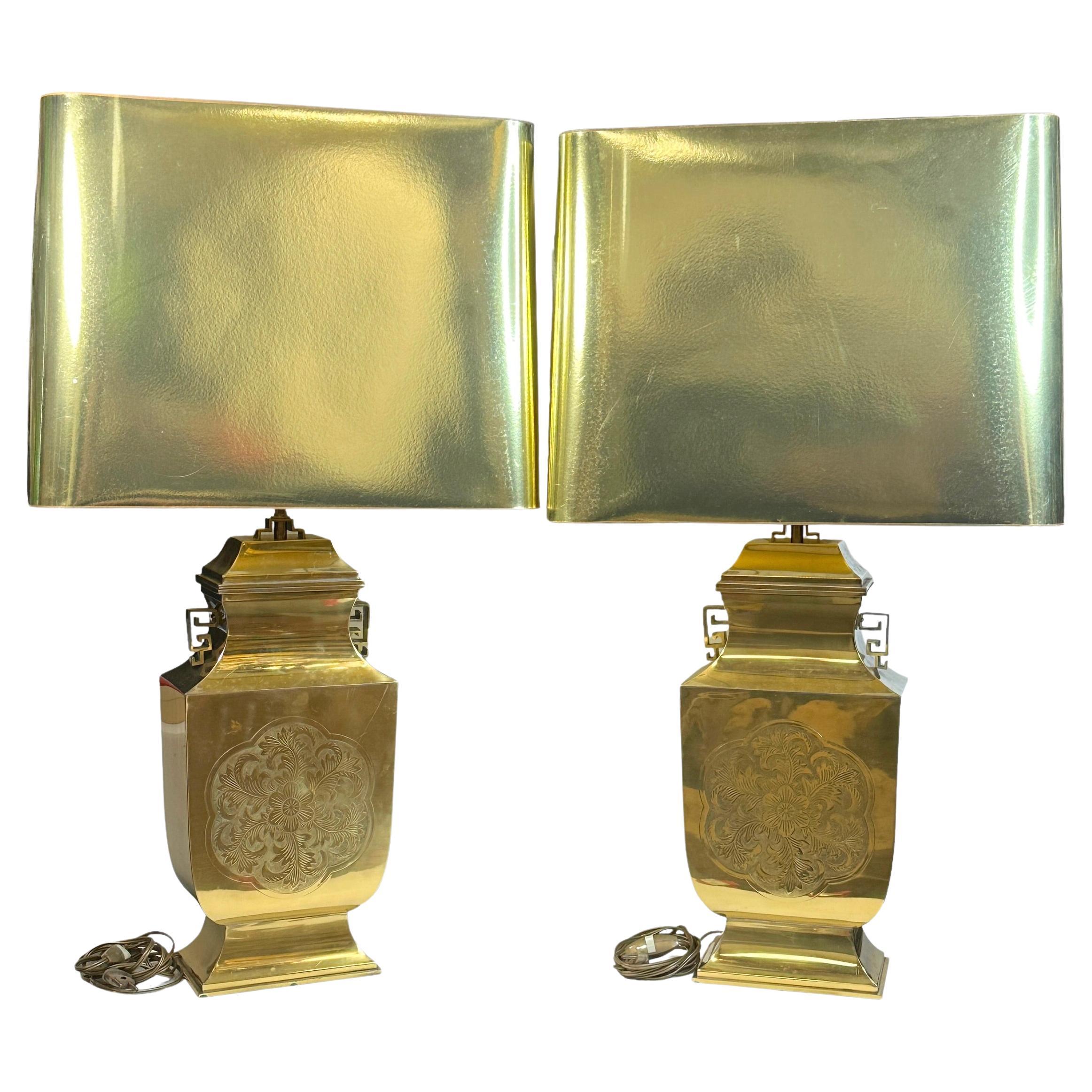 Monumental Pair of Table Lamps Gold Brass Pagoda Style with Shade Vintage, Italy For Sale