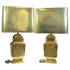 Monumental Pair of Table Lamps Gold Brass Pagoda Style with Shade Retro, Italy