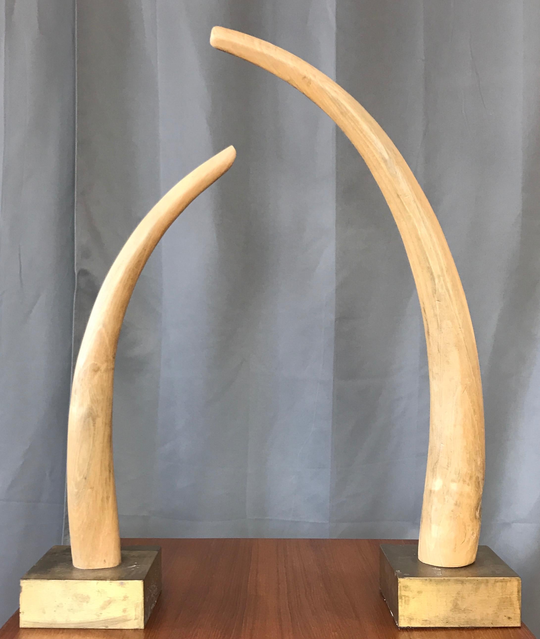 African Monumental Pair of Tall Carved Wood Elephant Tusks Brass Bases