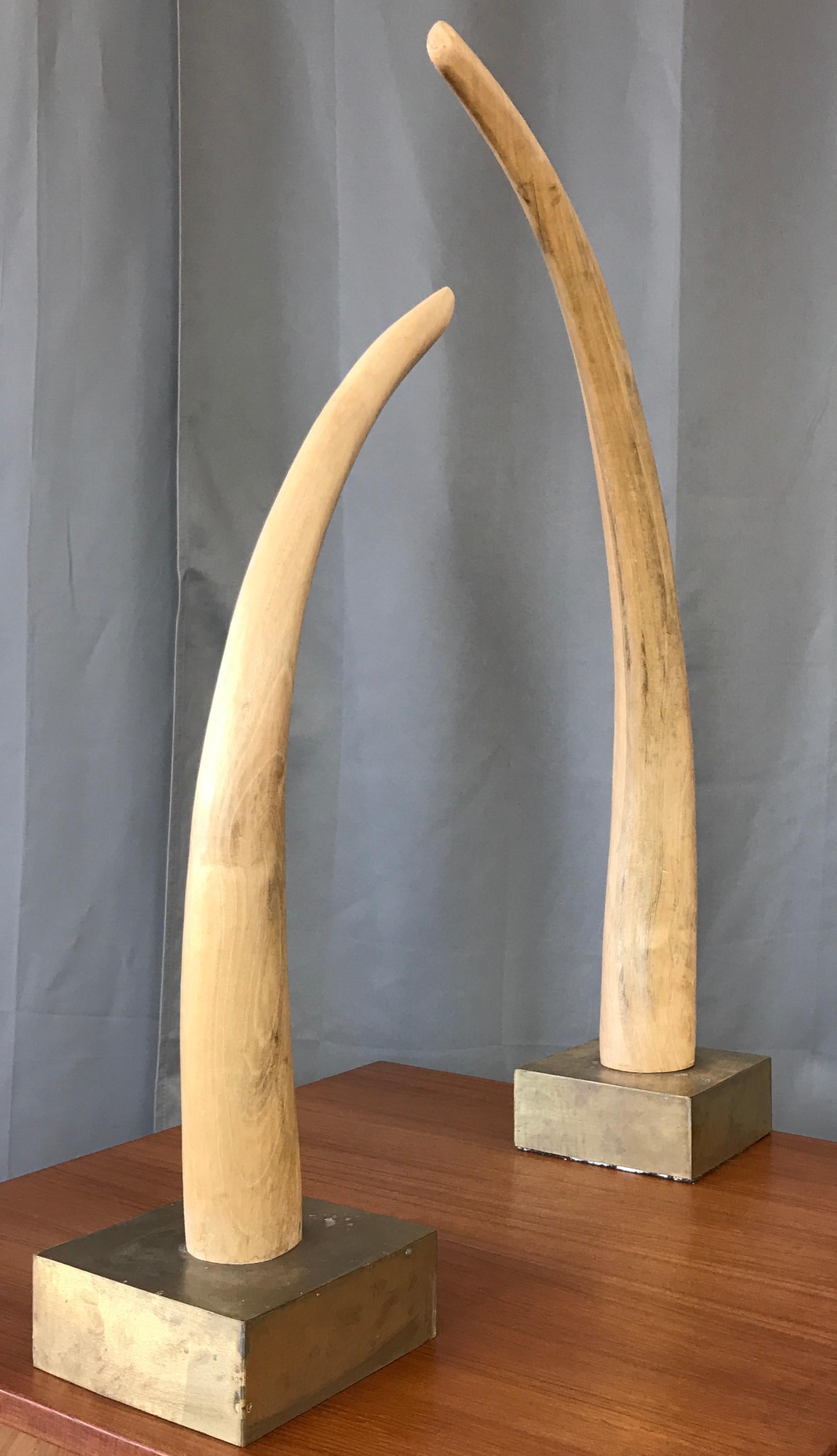 Monumental Pair of Tall Carved Wood Elephant Tusks Brass Bases In Good Condition In San Francisco, CA