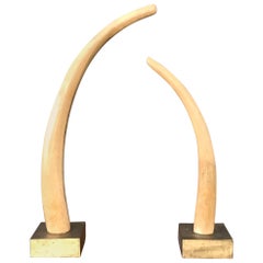 Monumental Pair of Tall Carved Wood Elephant Tusks Brass Bases