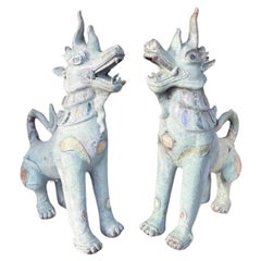 Monumental Pair of Tony Duquette Bronze Thai Foo Dog Inlaid With Mica