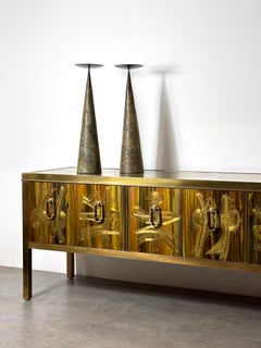 Pareja monumental de candeleros de columna cónicos de bronce cerámico Tony Evans Años 80