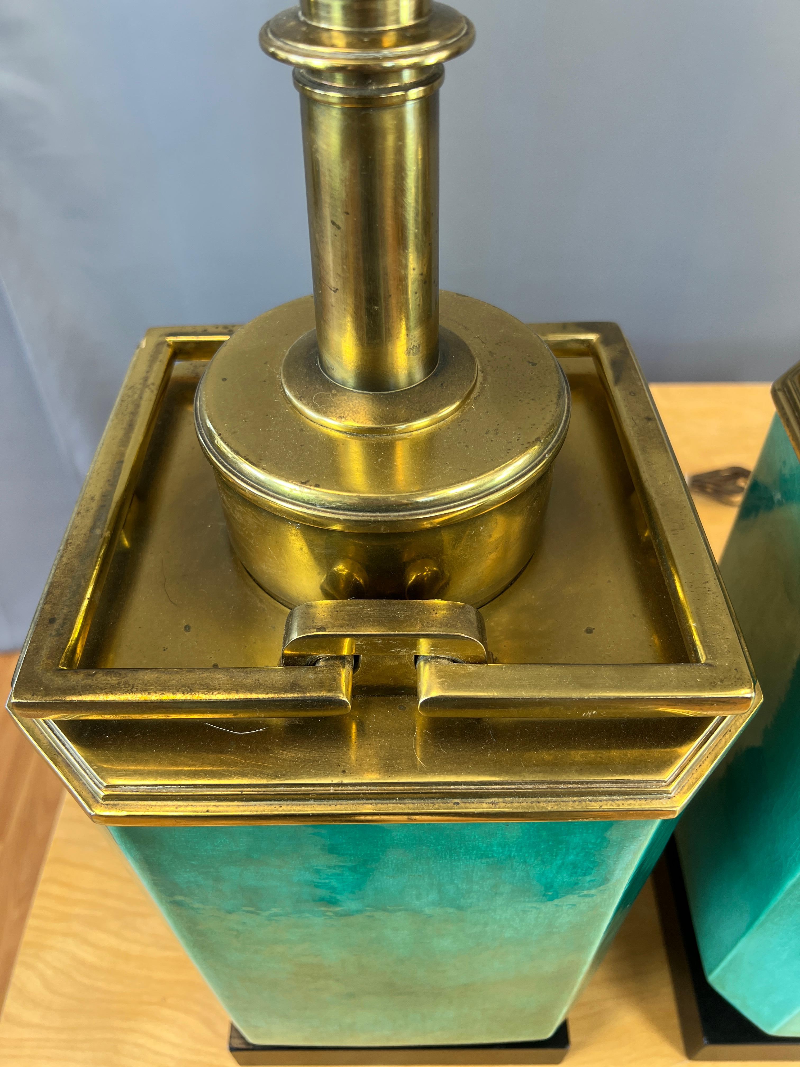 Monumental Pair of Turquoise and Brass Table Lamps by Edwin Cole for Stiffel In Good Condition For Sale In San Francisco, CA