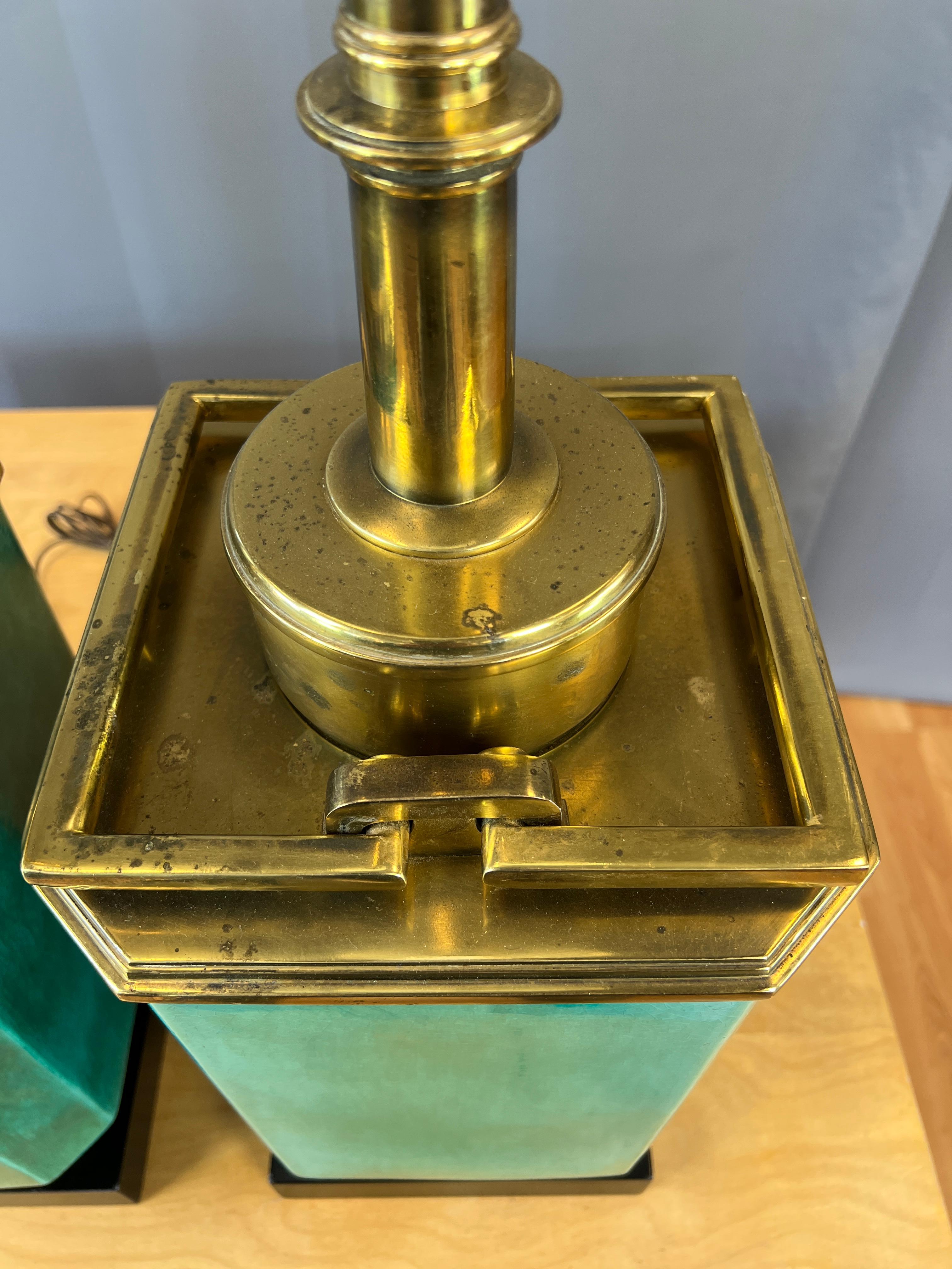 Mid-20th Century Monumental Pair of Turquoise and Brass Table Lamps by Edwin Cole for Stiffel For Sale