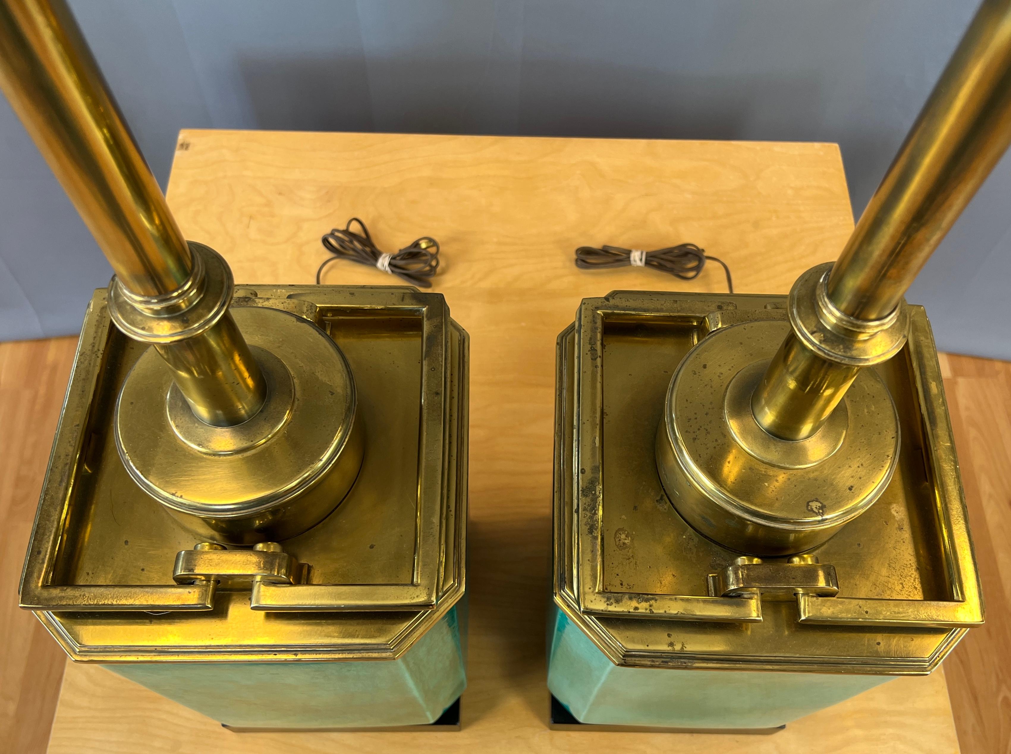 Monumental Pair of Turquoise and Brass Table Lamps by Edwin Cole for Stiffel For Sale 1