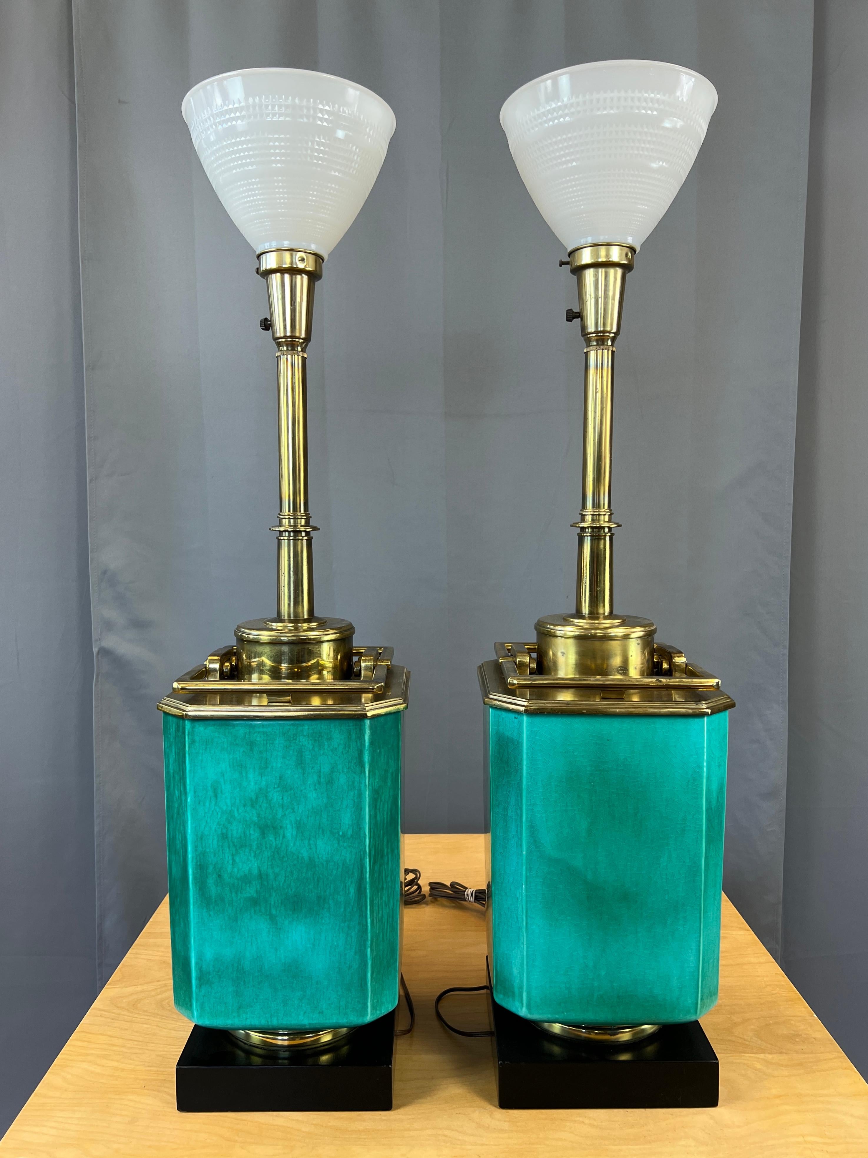 Monumental Pair of Turquoise and Brass Table Lamps by Edwin Cole for Stiffel For Sale 2