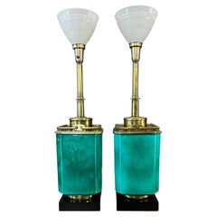 Monumental Pair of Turquoise and Brass Table Lamps by Edwin Cole for Stiffel