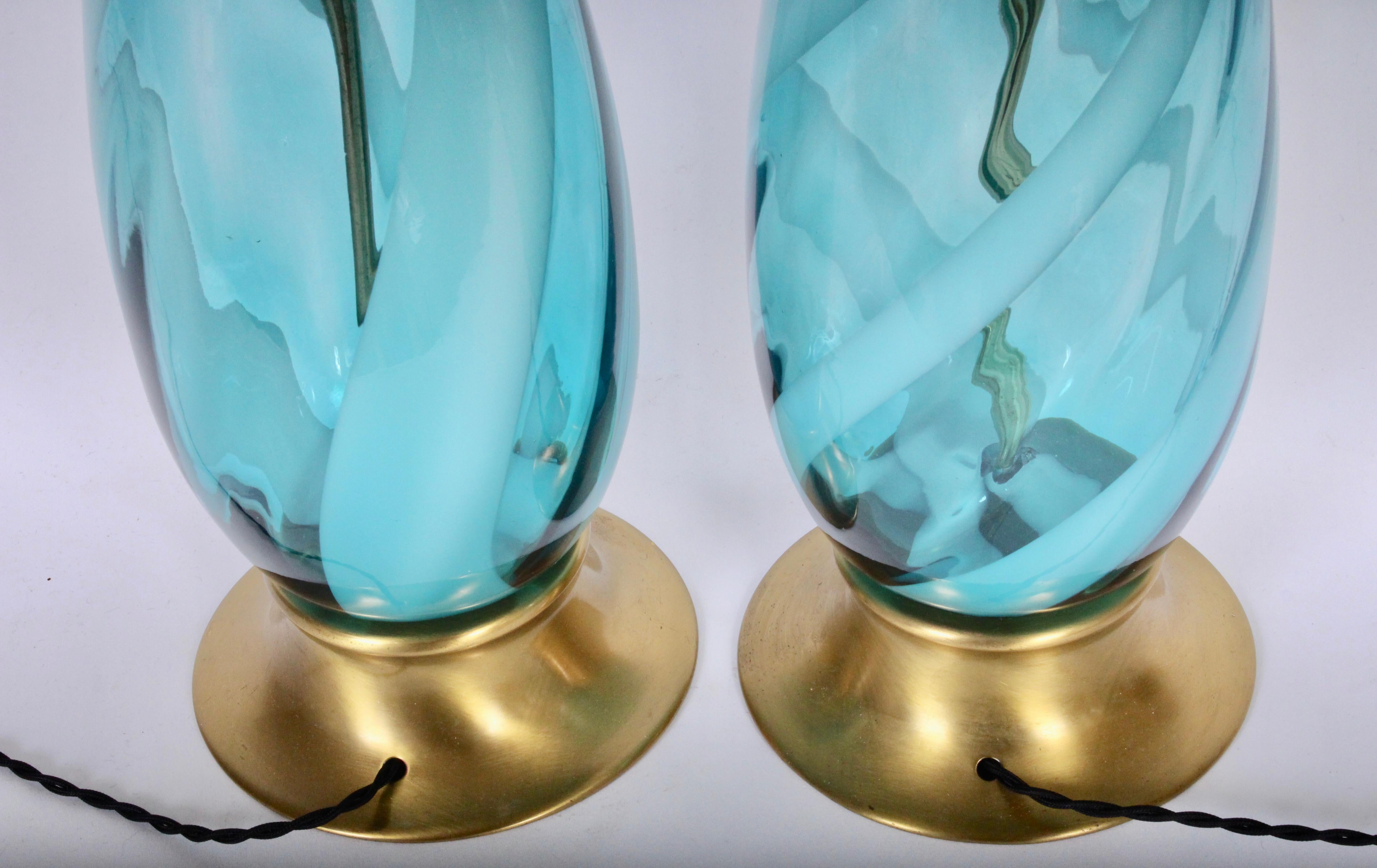 Monumental Pair of Turquoise and White Swirl Murano Art Glass Table Lamps, 1960s 3