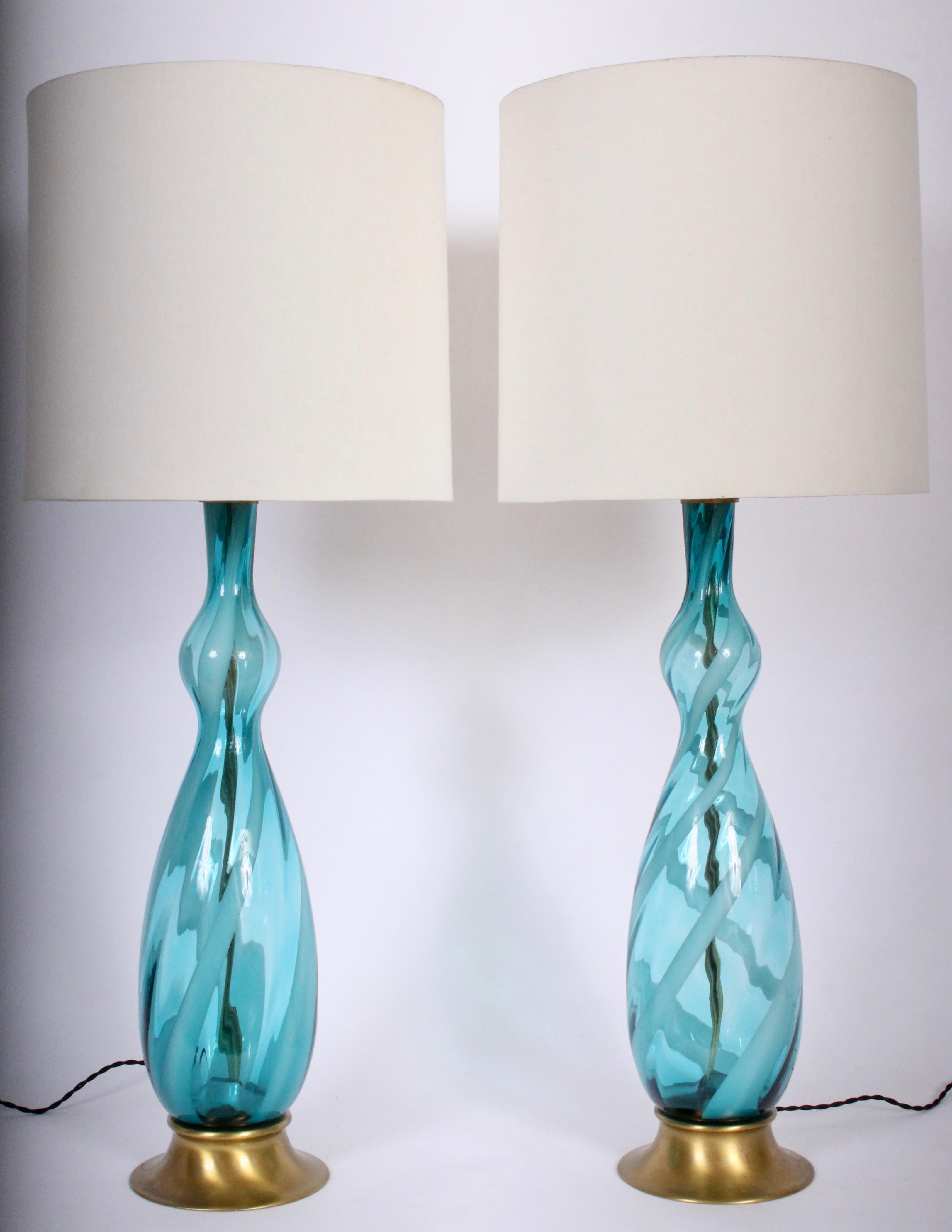 Mid-Century Modern Monumental Pair of Turquoise and White Swirl Murano Art Glass Table Lamps, 1960s