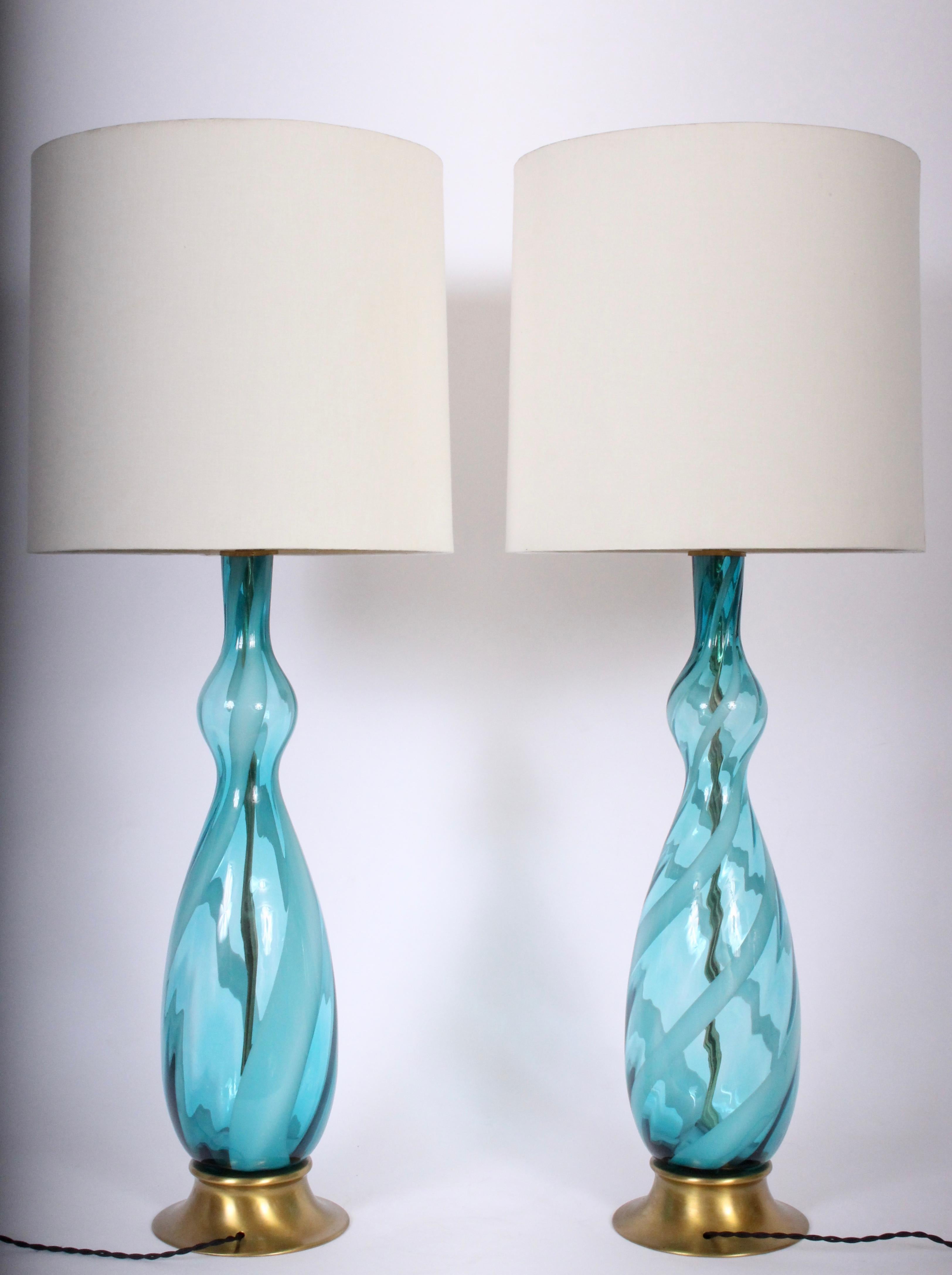 Italian Monumental Pair of Turquoise and White Swirl Murano Art Glass Table Lamps, 1960s