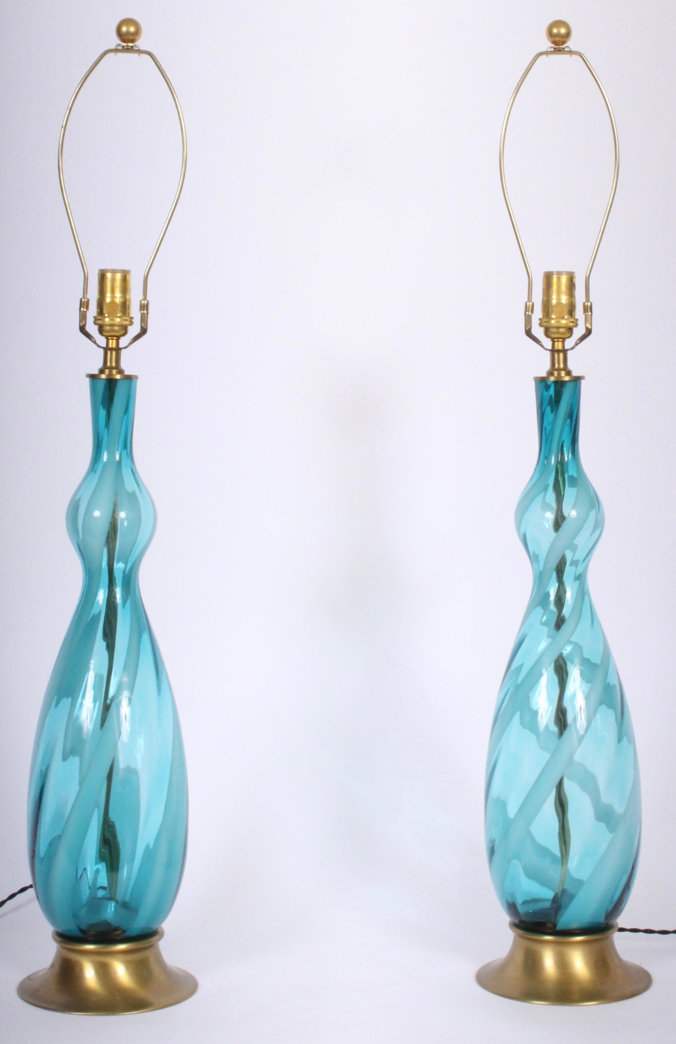 Mid-20th Century Monumental Pair of Turquoise and White Swirl Murano Art Glass Table Lamps, 1960s