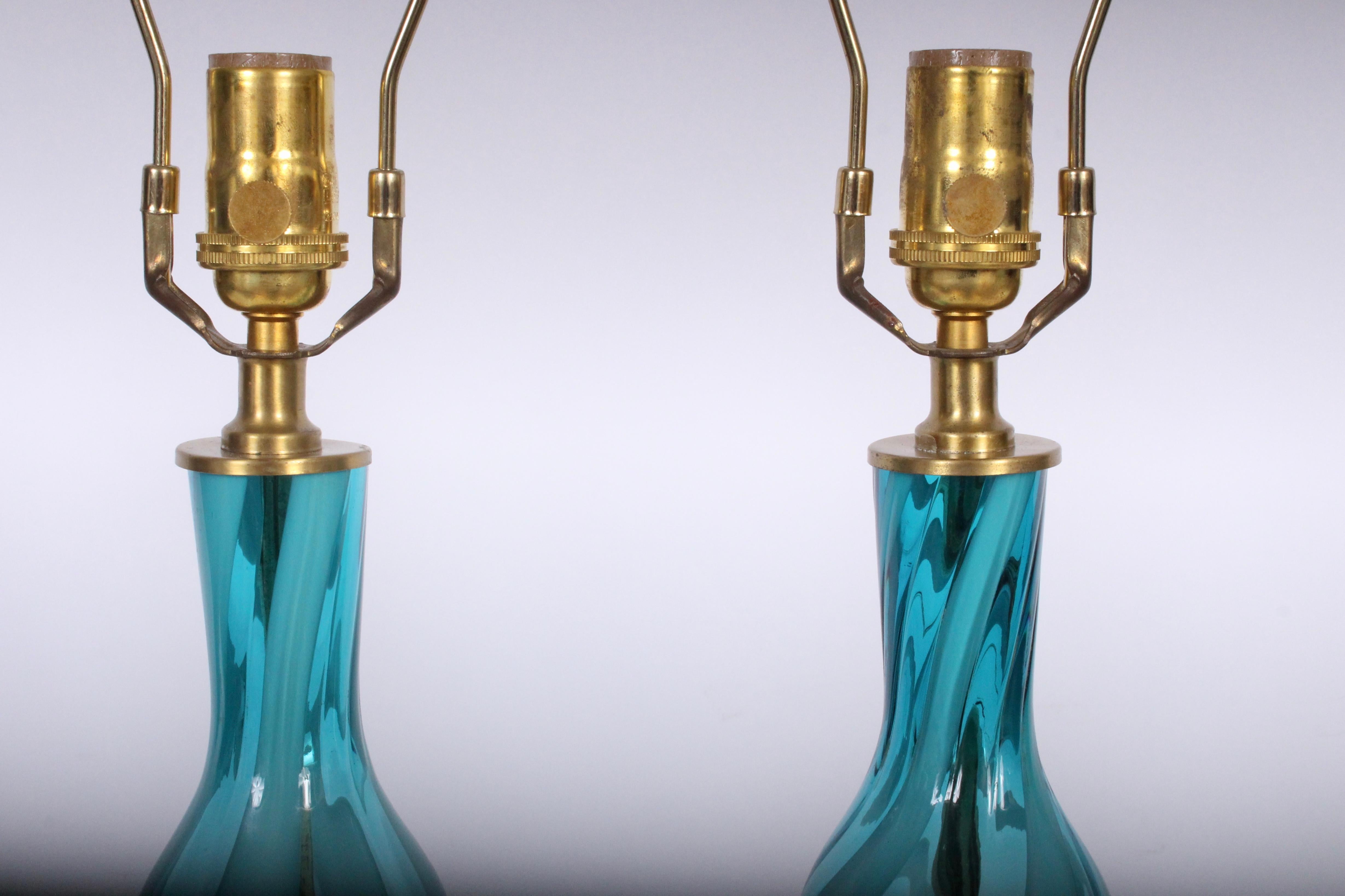 Brass Monumental Pair of Turquoise and White Swirl Murano Art Glass Table Lamps, 1960s