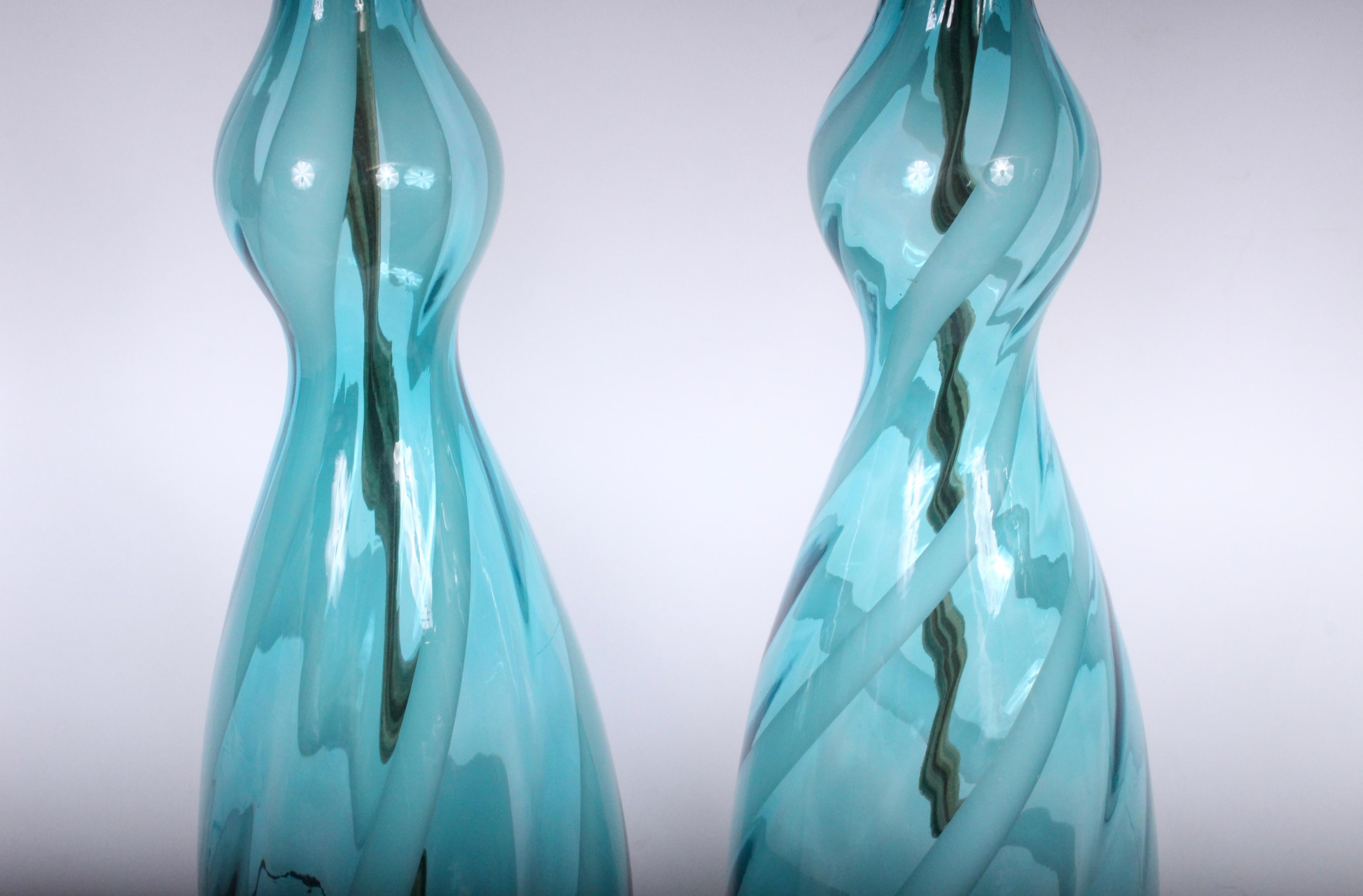Monumental Pair of Turquoise and White Swirl Murano Art Glass Table Lamps, 1960s 1