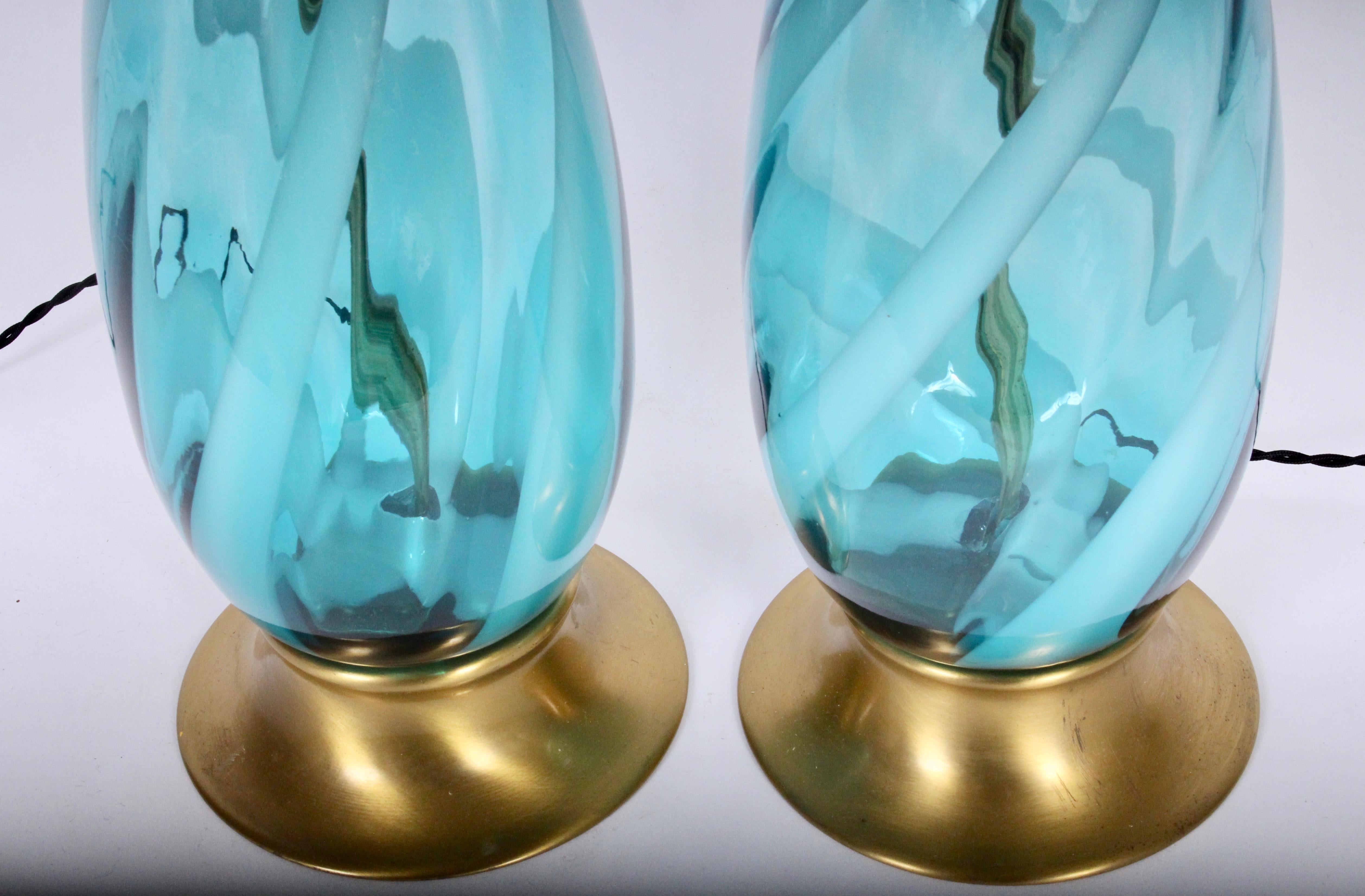 Monumental Pair of Turquoise and White Swirl Murano Art Glass Table Lamps, 1960s 2