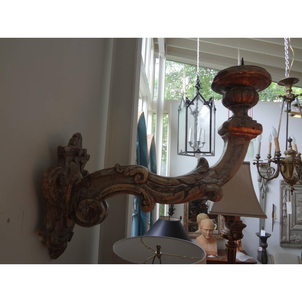 Italian Monumental Pair of 18th Century Venetian Silver Giltwood Sconces For Sale