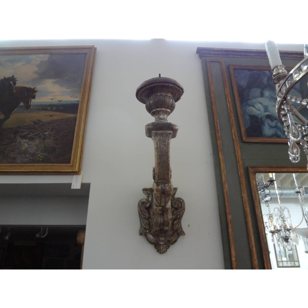 Monumental Pair of 18th Century Venetian Silver Giltwood Sconces In Good Condition For Sale In Houston, TX