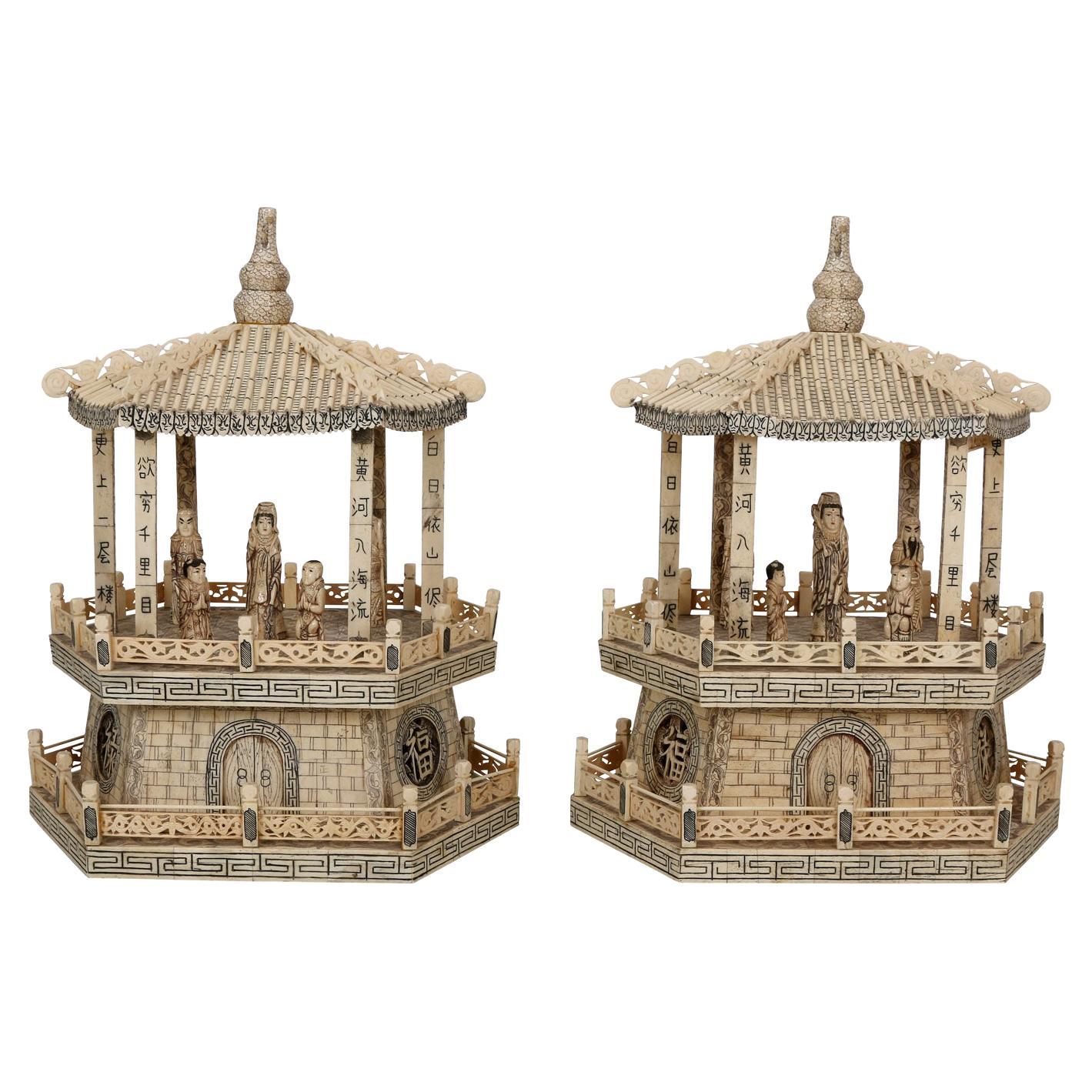 Monumental Pair of Vintage Bone Inlayed Chinese Pagoda Temples