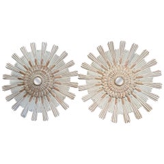 Monumental Pair of Vintage Italian Carved Sunburst Mirrors with Four-Tier Rays