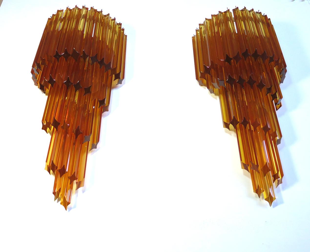 Italian Monumental Pair of Vintage Murano Wall Sconce, 41 Amber Quadriedri For Sale