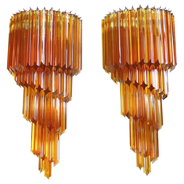 Monumental Pair of Vintage Murano Wall Sconce, 41 Amber Quadriedri For Sale