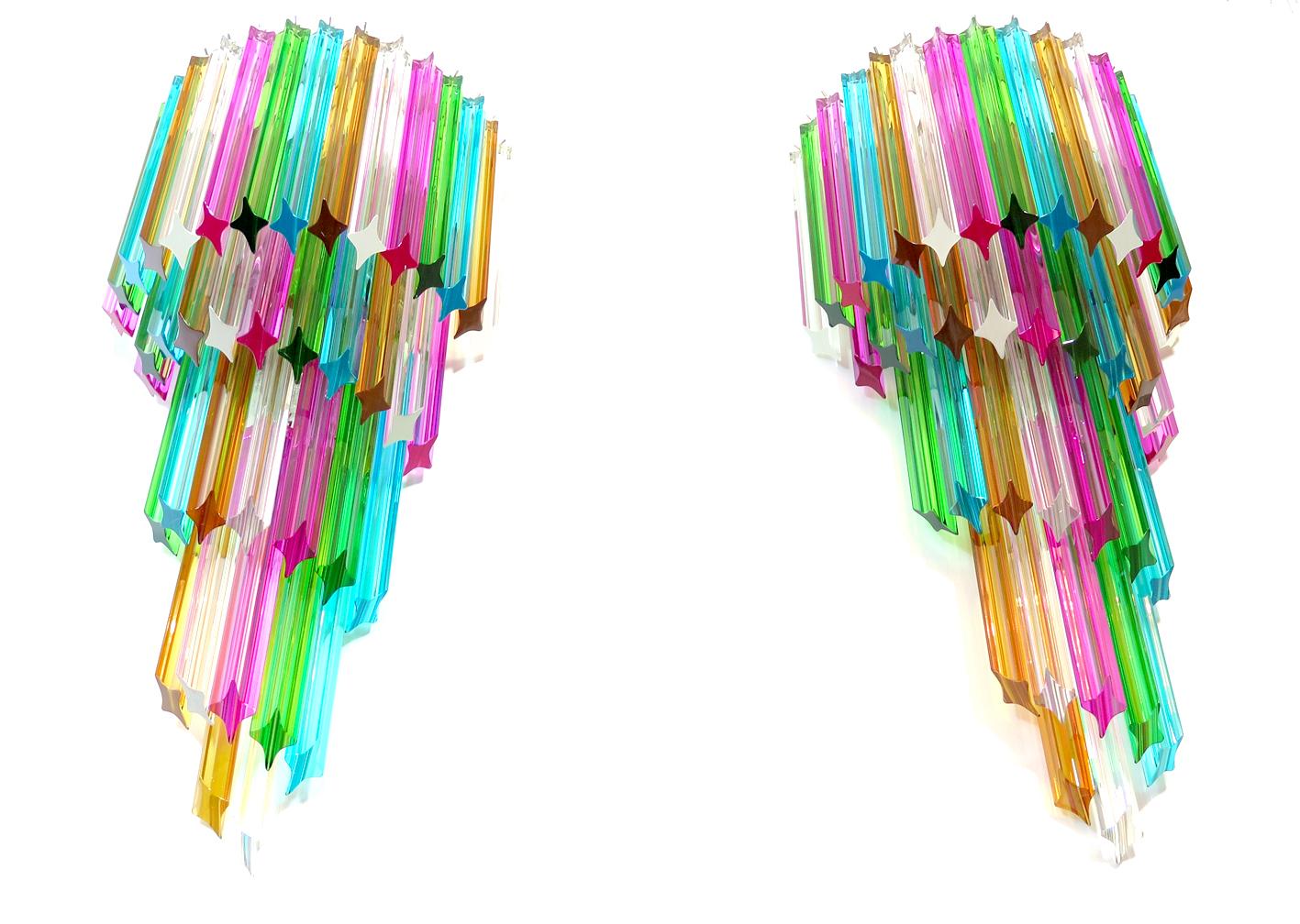 Mid-Century Modern Monumental Pair of Vintage Murano Wall Sconce, 41 Multi-Color Quadriedri, Maria For Sale
