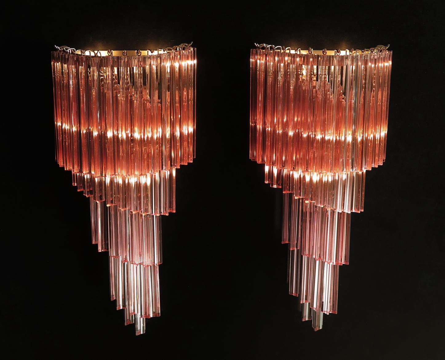 Galvanized Monumental pair of vintage Murano wall sconce - 41 pink triedri For Sale