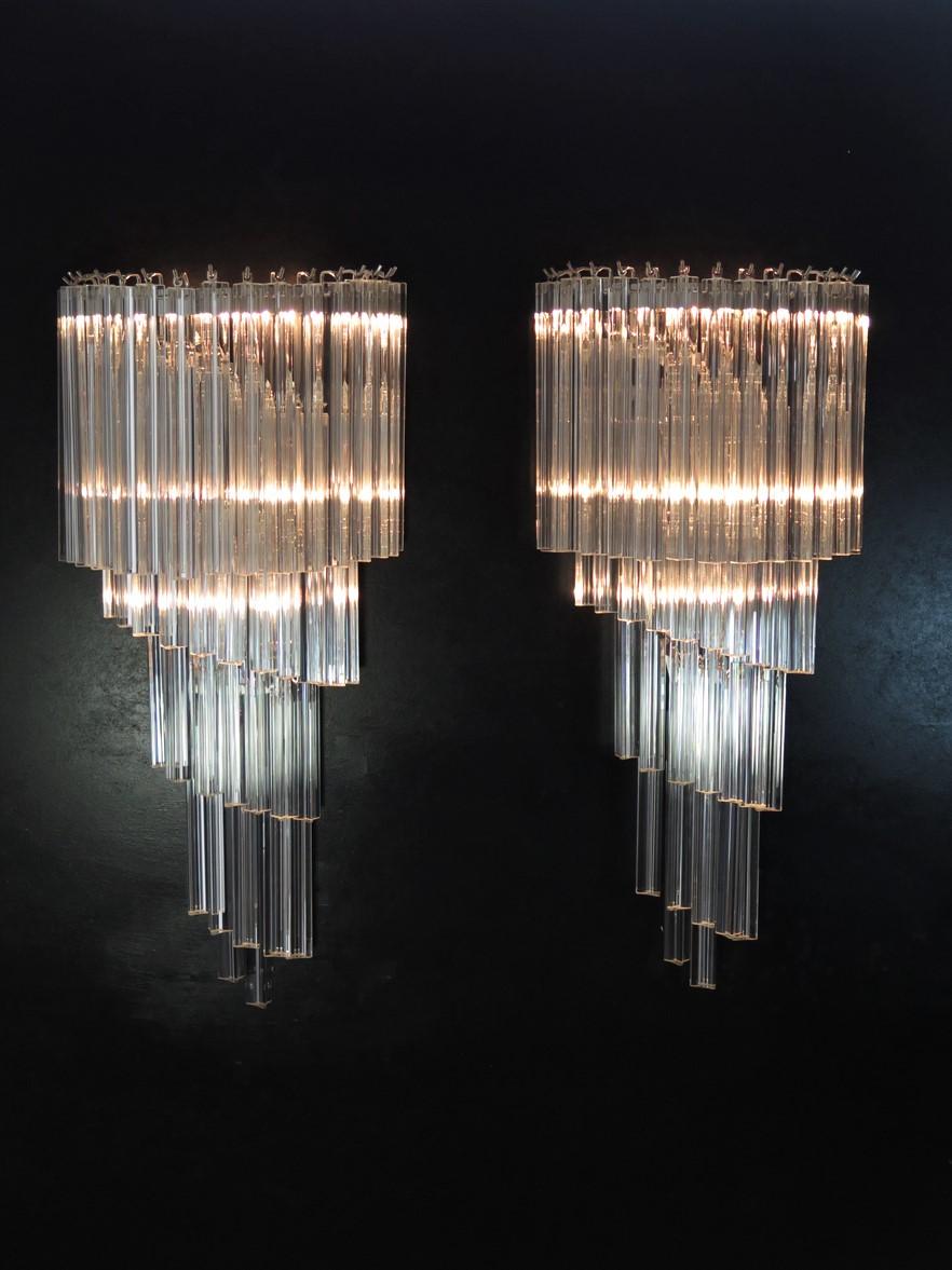 Mid-Century Modern Monumental Pair of Vintage Murano Wall Sconce, 41 Transparent Triedri -Arianna For Sale