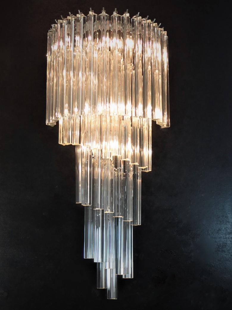 Italian Monumental Pair of Vintage Murano Wall Sconce, 41 Transparent Triedri -Arianna For Sale