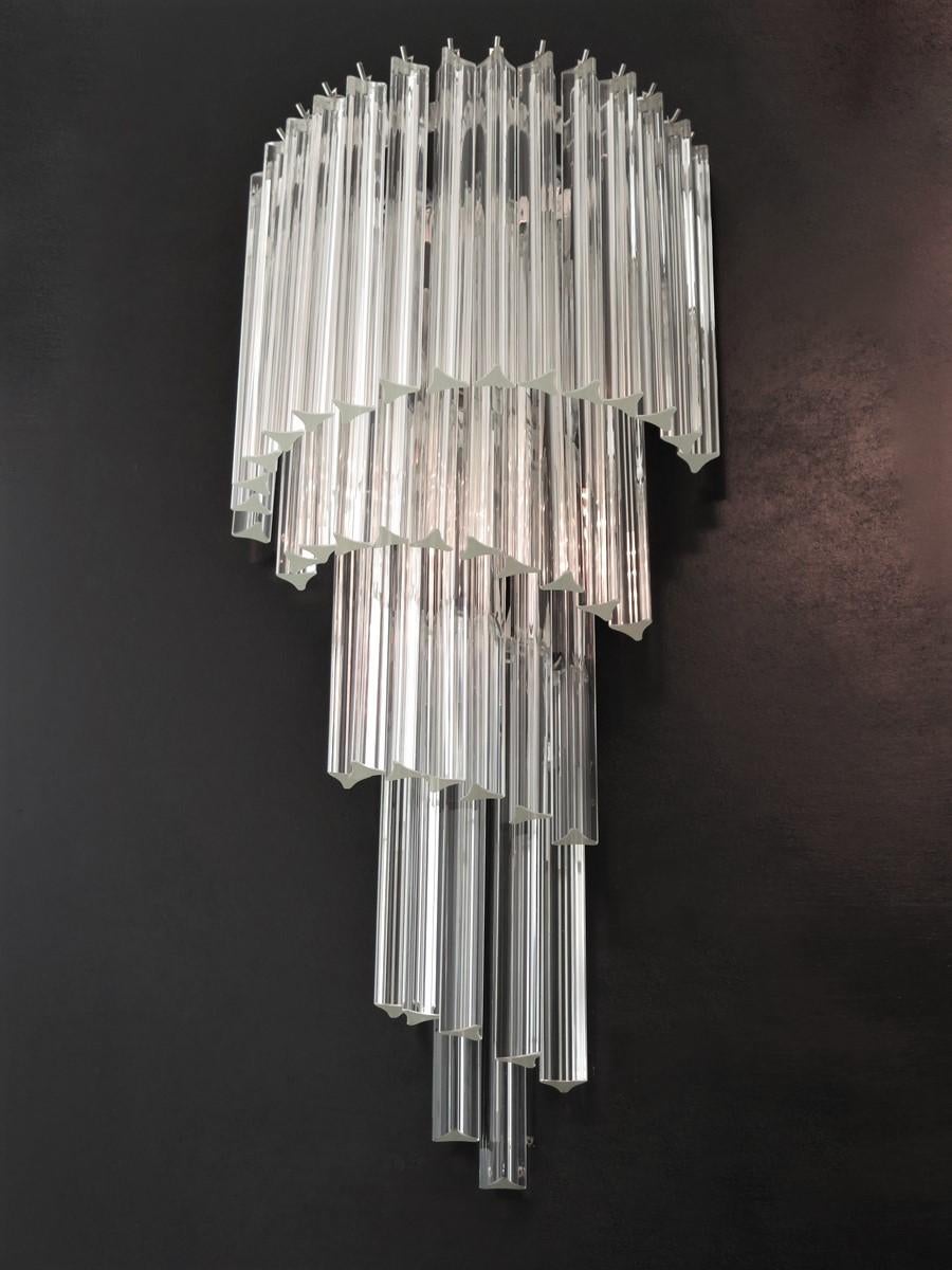 Blown Glass Monumental Pair of Vintage Murano Wall Sconce, 41 Transparent Triedri -Arianna For Sale