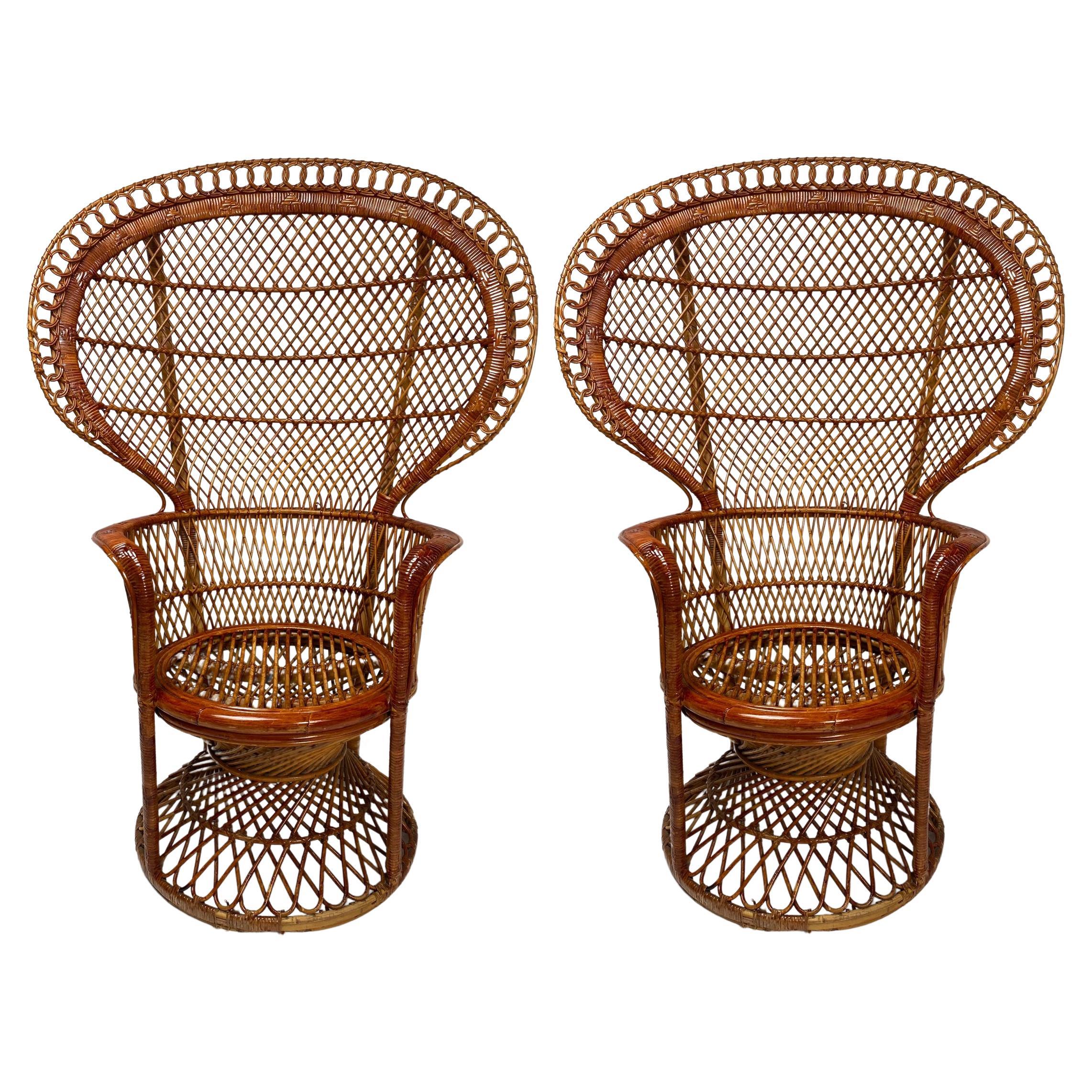 Monumental pair of wicker Armchairs, "Pavone" model, Italy, 1970s For Sale