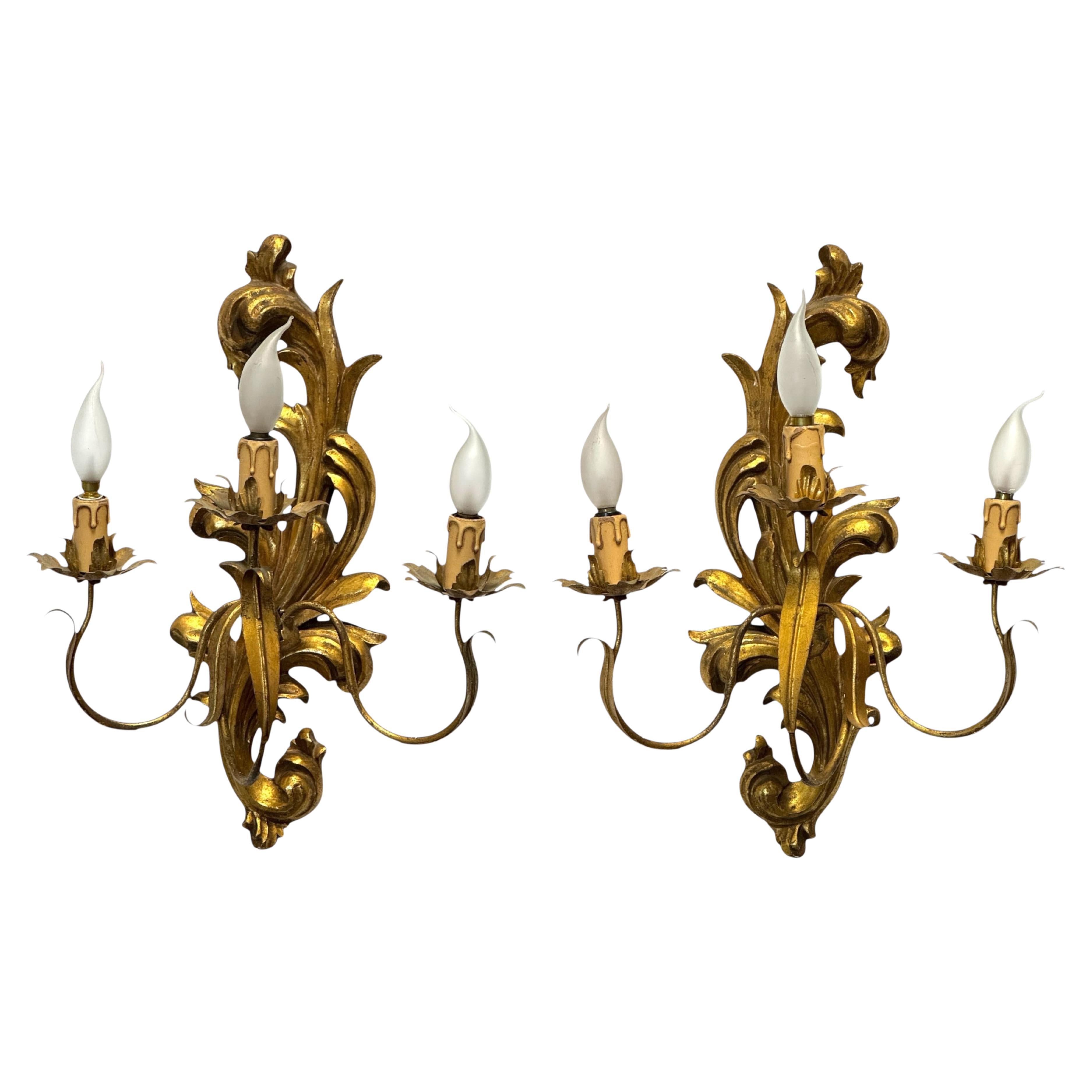Monumental Pair of Wooden Carved Gilt Tole Toleware Sconces, Italy 1950s