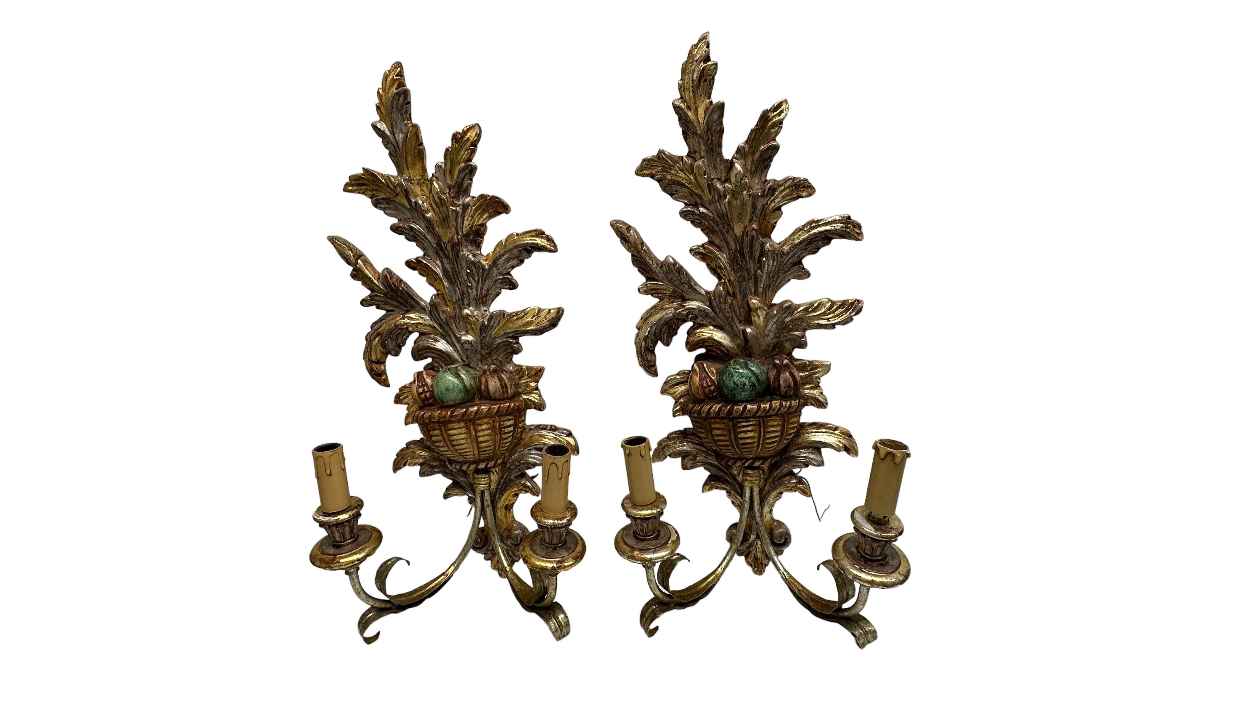 Hollywood Regency Monumental Pair of Wooden Carved Tole Toleware Sconces Silver & Gilt For Sale