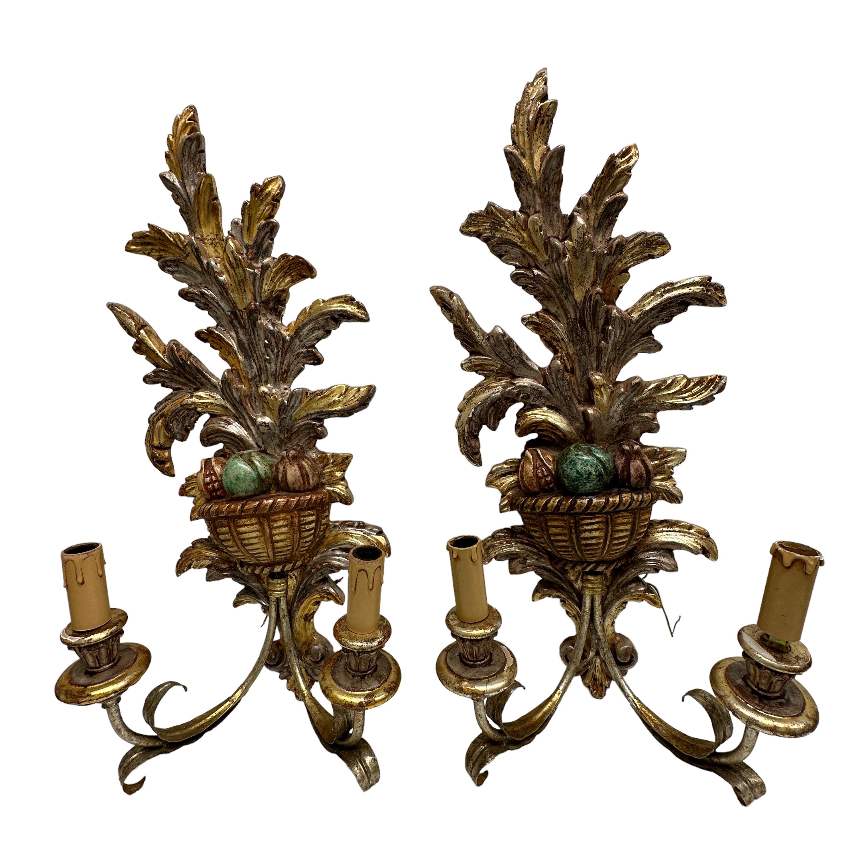 Italian Monumental Pair of Wooden Carved Tole Toleware Sconces Silver & Gilt For Sale